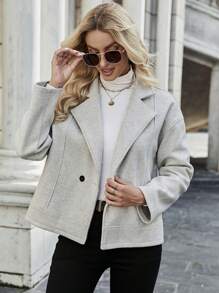 SHEIN LUNE Lapel Neck Drop Shoulder Double Button Jacket - Light Grey - View 3