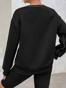 SHEIN Unity Letter Graphic Top-stitching Drop Shoulder Sweatshirt - Navy Blue - View 2