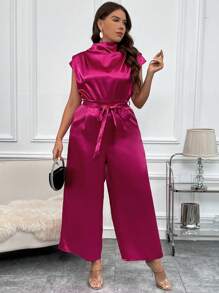 SHEIN Clasi Plus Mock Neck Belted Satin Wide Leg Jumpsuit - Hot Pink - View 3