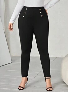 SHEIN Clasi 大碼紐扣細節緊身打底褲 - 黑色 - 查看 1