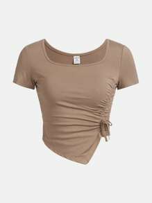SHEIN Girlism Teen Girl Solid Color Square Neck Drawstring Asymmetric Hem Short Sleeve T-Shirt