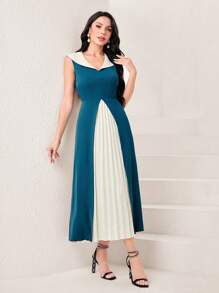 Modelyn Two Tone Pleated Hem Wrap Dress Without Belt - Green - View 6