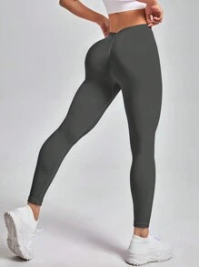 Easithlete Solid Wideband Waist Ruched Back Sports Leggings - Dark Grey - View 7