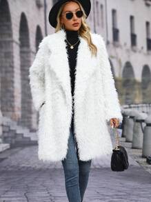 SHEIN LUNE Lapel Neck Open Front Fuzzy Coat - White - View 3
