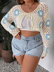 Dreamara Plus Floral Pattern Tie Front Cardigan - Apricot - View 4