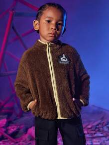 BATMAN X SHEIN Young Boy Zip Up Letter Patched Contrast Trim Fluffy Coat - Coffee Brown - View 7