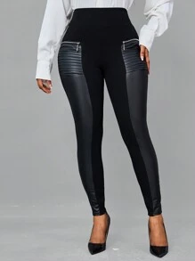 SHEIN Lady Zip Detail Wideband Waist PU Leather Leggings