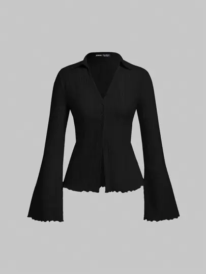 SHEIN MOD Lettuce Trim Button Front Black Trumpet Long Sleeves Tee