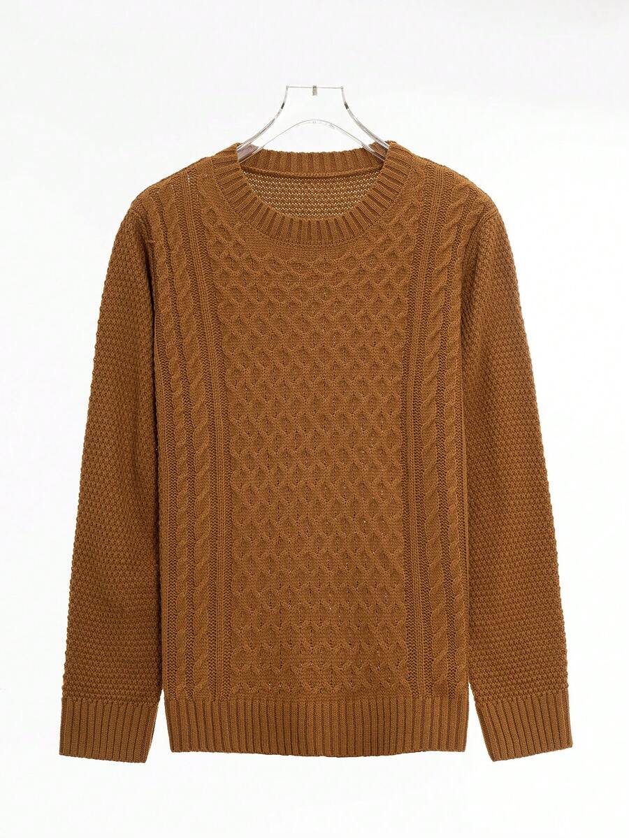 Men Solid Cable Knit Sweater - Camel - View 1