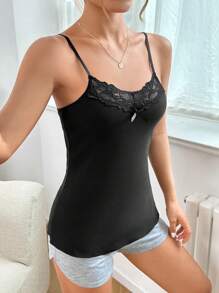Contrast Lace Bow Front Cami Thermal Underwear Top - Black - View 2