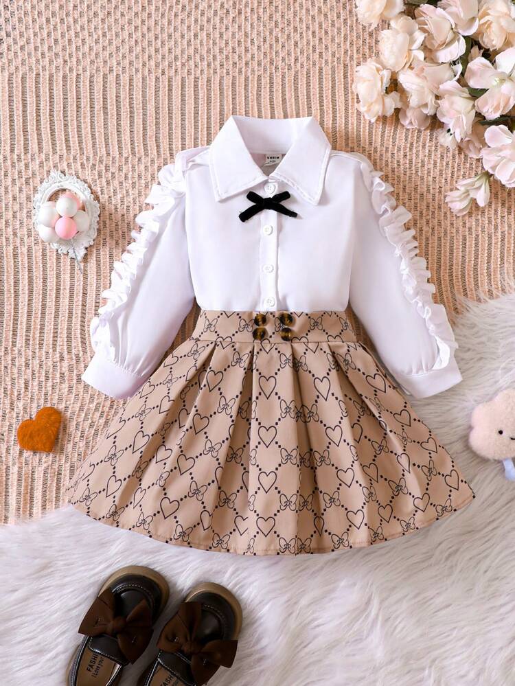 Baby Girl Ruffle Trim Bow Front Shirt & Heart Print Pleated Skirt