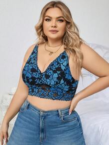 Plus Floral Lace Longline Bralette, Lingerie - Blue - View 5