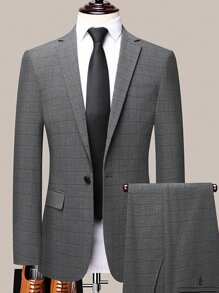 Men 1pc Plaid Single Button Blazer & 1pc Suit Pants - Grey - View 1
