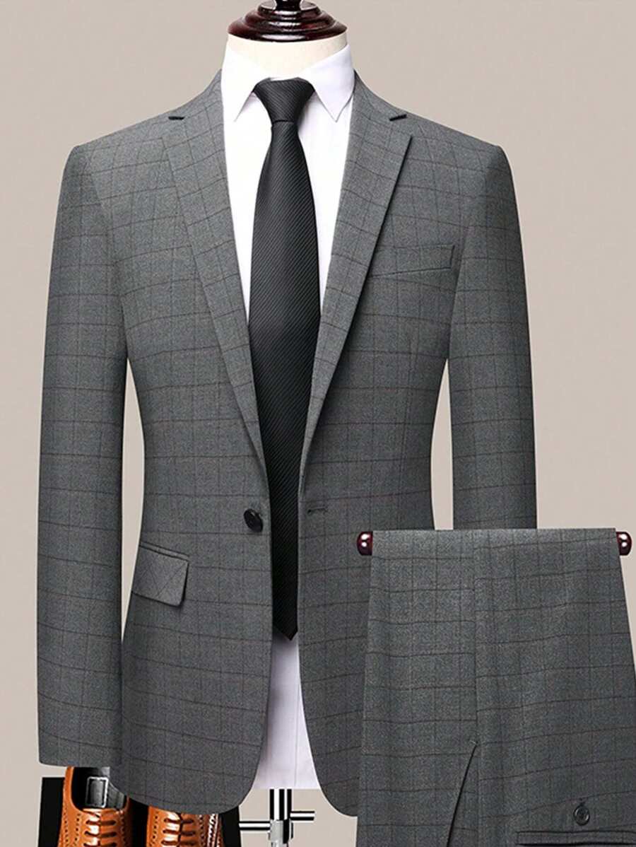 Men 1pc Plaid Single Button Blazer & 1pc Suit Pants - Grey - View 1