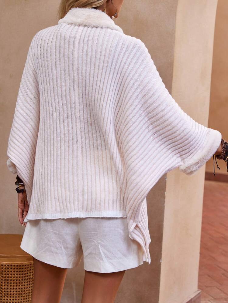 Borg Collar Batwing Sleeve Split Hem Ribbed Knit Cardigan