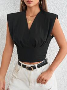 SHEIN Privé Solid Shoulder Pad Tee - Black - View 5