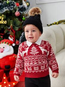 SHEIN 圣诞男婴几何图案毛衣（不含衬衫） - 紅白色 - 查看 7