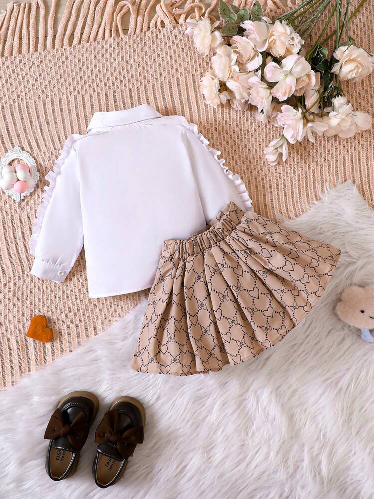 Baby Girl Ruffle Trim Bow Front Shirt & Heart Print Pleated Skirt