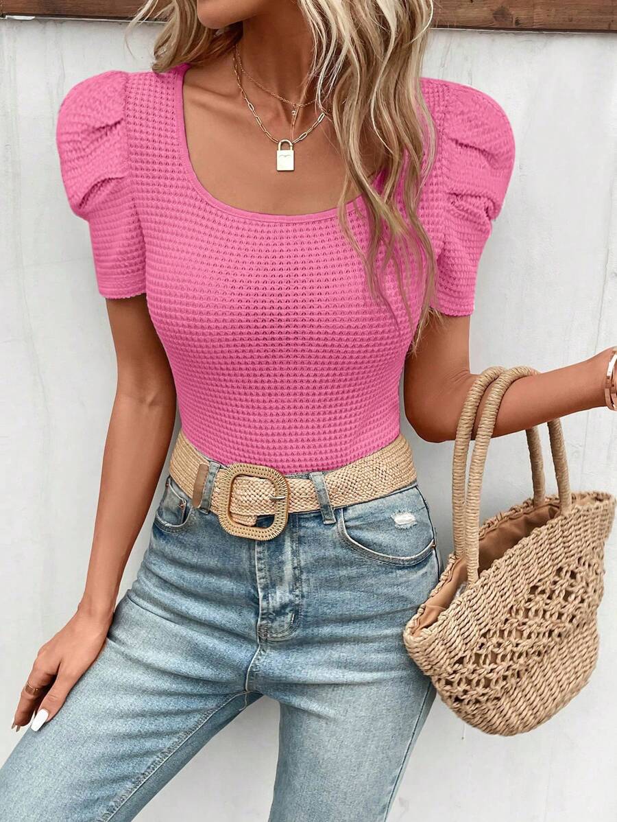 SHEIN Frenchy 泡泡袖大圓領T恤 - 粉色 - 查看 1