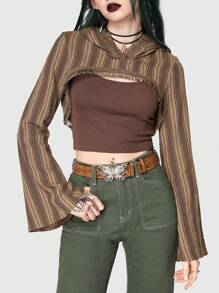 ROMWE Fairycore Striped Print Flounce Sleeve Super Crop Top Without Cami Top - Brown - View 5