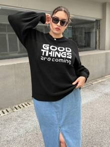 SHEIN Essnce 大碼標語圖案落肩袖套頭毛衣 - 黑與白 - 查看 7