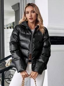 SHEIN Essnce 拉链连帽 PU 皮革加厚棉服 冬季 - 黑色 - 查看 7