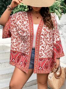 SHEIN VCAY Plus Floral Print Kimono - Red - View 4