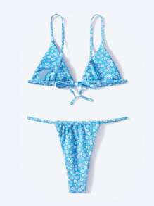 Swim Vcay Summer Beach Ditsy Floral Triangle Thong Bikini Set - Blue - View 2