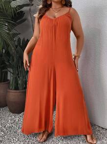 SHEIN VCAY Plus尺寸純色寬腿背心夏季連身褲 - 紅木色 - 查看 4