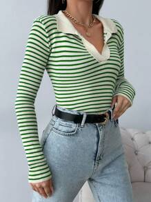 EURMUSE Striped Pattern Sweater - Green - View 3