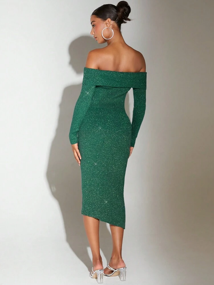 Off Shoulder Crop Sweater & Asymmetrical Hem Knit Skirt