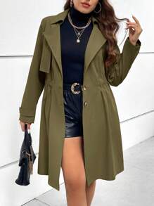 SHEIN Essnce Plus Lapel Neck Ruched Waist Button Front Trench Coat - Army Green - View 1