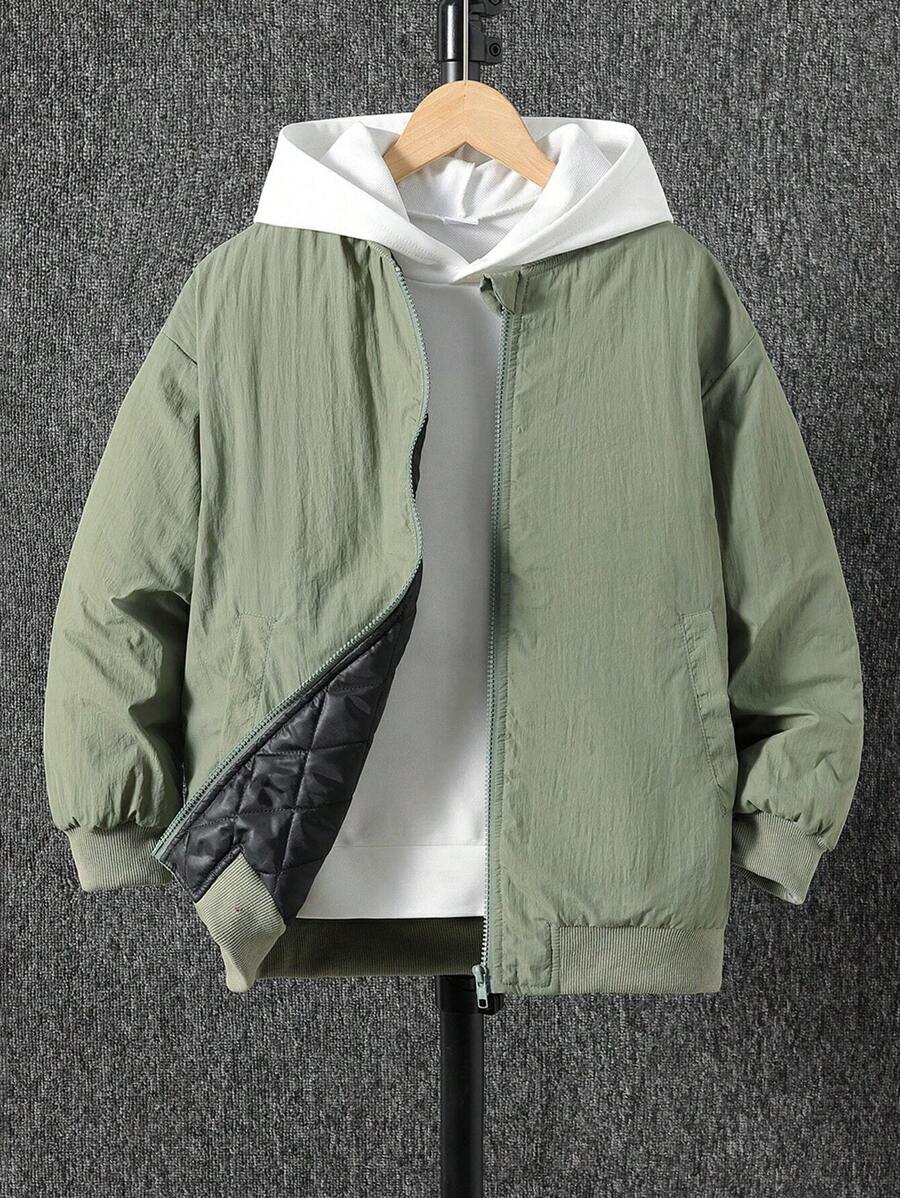 Tween Boy Zip Up Drop Shoulder Padded Coat Without Hoodie - Army Green - View 1