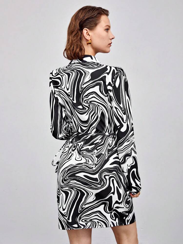 SHEIN Maija Marble Print Wrap Knot Side Dress