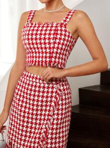 SHEIN Privé 千鳥格印花毛邊短款粗花呢吊帶上衣 - 紅白色 - 查看 7