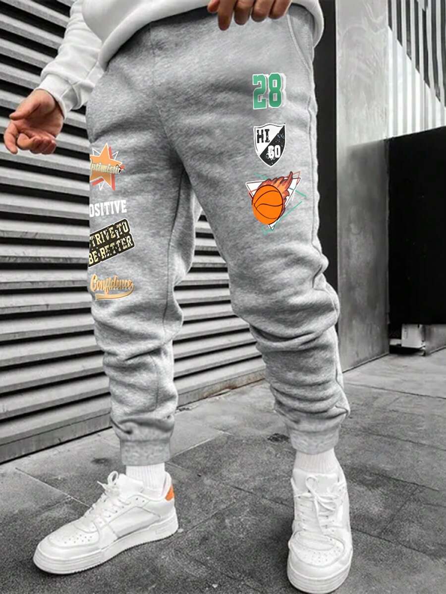 Manfinity LEGND 男士大码字母圖案衛褲 - 淺灰色 - 查看 1