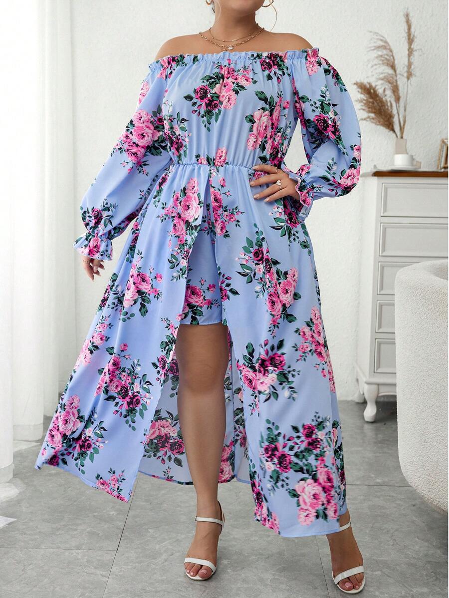 Celure Plus Floral Print Off Shoulder Flounce Sleeve Romper - Blue - View 1
