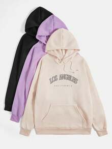 SHEIN Unity 3pcs Letter Graphic Kangaroo Pocket Drawstring Thermal Hoodie - Multicolor - View 4