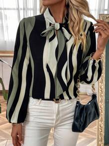 SHEIN LUNE Blusa con manga farol y cuello anudado en bloques de color - Multicolor - Ver 1