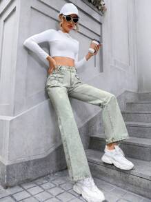 SHEIN Privé Flap Pocket Straight Leg Jeans - Green - View 3