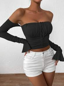 Chiquease Off Shoulder Ruched Bust Flare Sleeve Crop Tee Fall Cloth For Women - Black - View 6