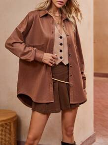 SHEIN LUNE Drop Shoulder Pocket Patched Suedette Coat