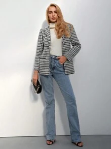 BizChic Plaid Pattern Open Front Tweed Overcoat