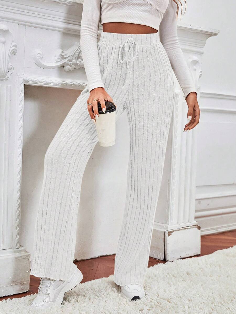 SHEIN Frenchy Pantalones de cintura con nudo tejido de canalé - Blanco - Ver 1