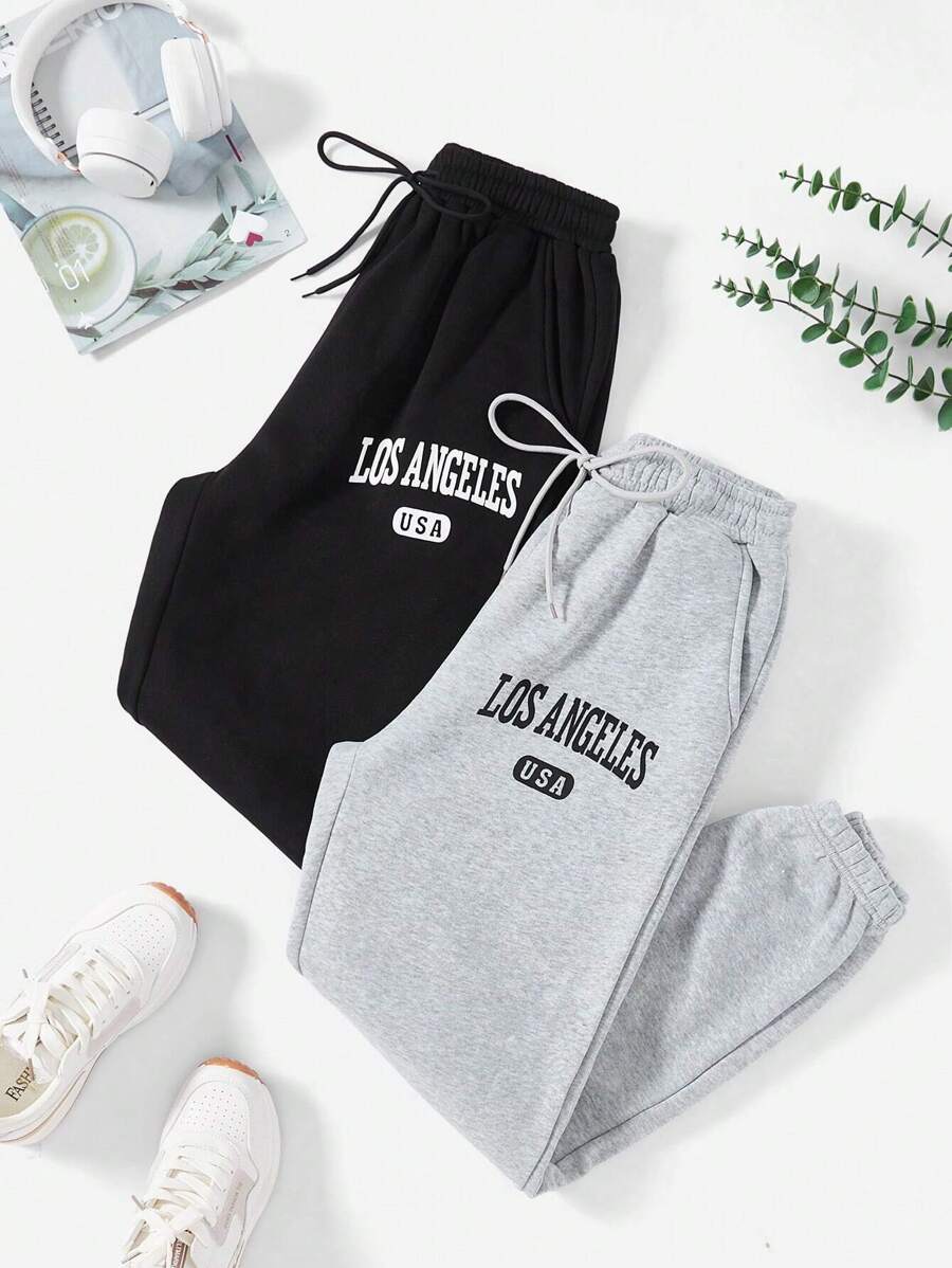 SHEIN Unity 2pcs Letter Graphic Drawstring Waist Sweatpants Graduation,Back To School Outfits,Graduation,Teacher Outfits For Women,Back To School Fall Cloth For Women