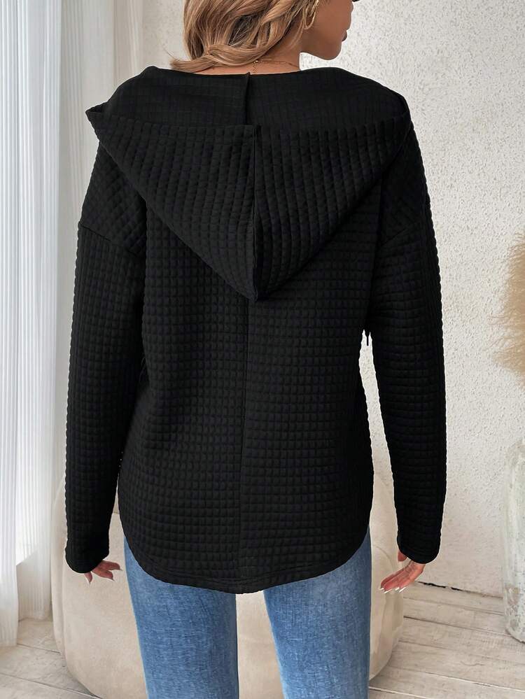 Half Zip Drop Shoulder Drawstring Hooded Tee