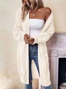 SHEIN Frenchy Argyle Knit Dual Pocket Drop Shoulder Duster Cardigan - Beige - View 3