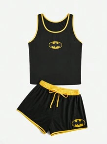 Batman X ROMWE 卡通图案撞色装订睡衣套装，学校 - 黑色 - 查看 4