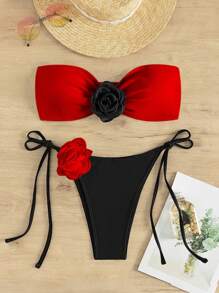 SHEIN Swim 夏季海灘3D玫瑰色彩分塊束頸連帽捆邊比基尼套裝 - 彩色 - 查看 1