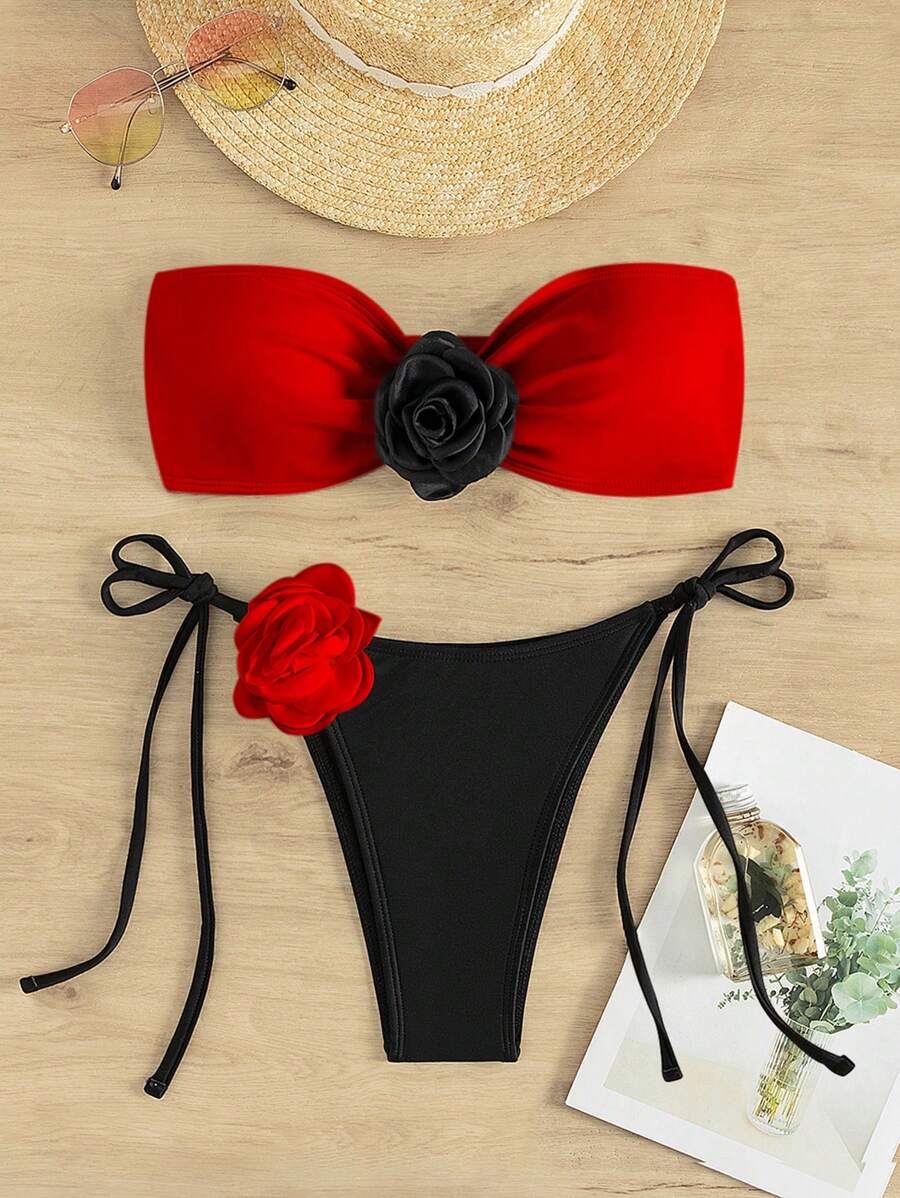 SHEIN Swim 夏季海灘3D玫瑰色彩分塊束頸連帽捆邊比基尼套裝 - 彩色 - 查看 1